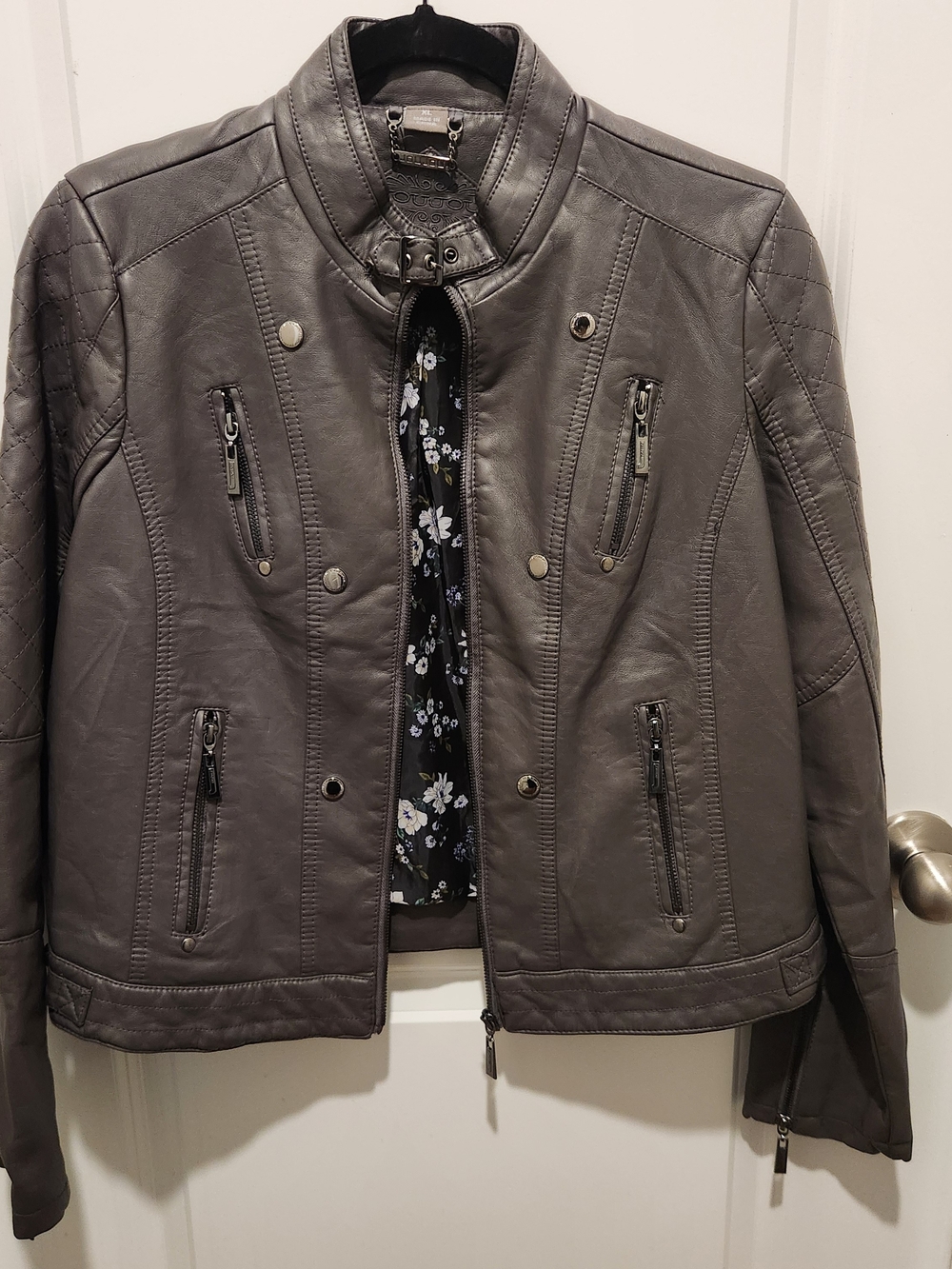 Jou Jou Womens Gray Faux Leather Moto Jacket Size XL